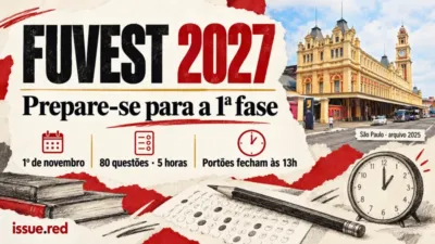 Colagem com fotografia de arquivo de São Paulo e desenhos de material de estudo para a primeira fase da FUVEST.