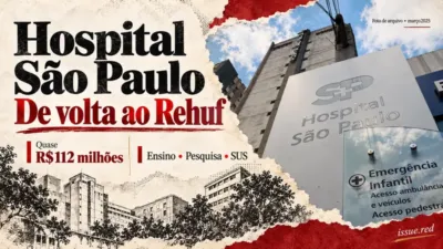 Colagem editorial com fotografia de arquivo da fachada do Hospital São Paulo, em março de2025, e informações sobre o retorno ao Rehuf.