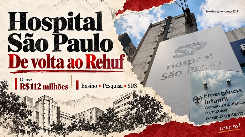 Colagem editorial com fotografia de arquivo da fachada do Hospital São Paulo, em março de2025, e informações sobre o retorno ao Rehuf.