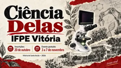 Colagem editorial sobre inscrições da SNCT em Vitória de Santo Antão, com microscópio de arquivo e desenhos científicos.