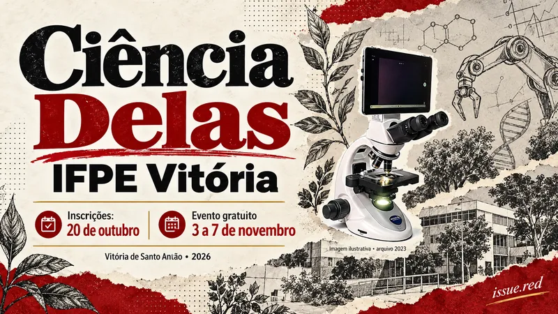 Colagem editorial sobre inscrições da SNCT em Vitória de Santo Antão, com microscópio de arquivo e desenhos científicos.