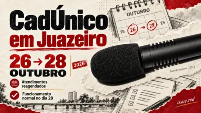 Colagem editorial com calendário desenhado mostrando a mudança de 26 para 28 de outubro e fotografia antiga de microfone