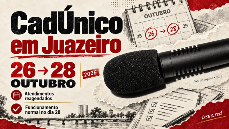 Colagem editorial com calendário desenhado mostrando a mudança de 26 para 28 de outubro e fotografia antiga de microfone
