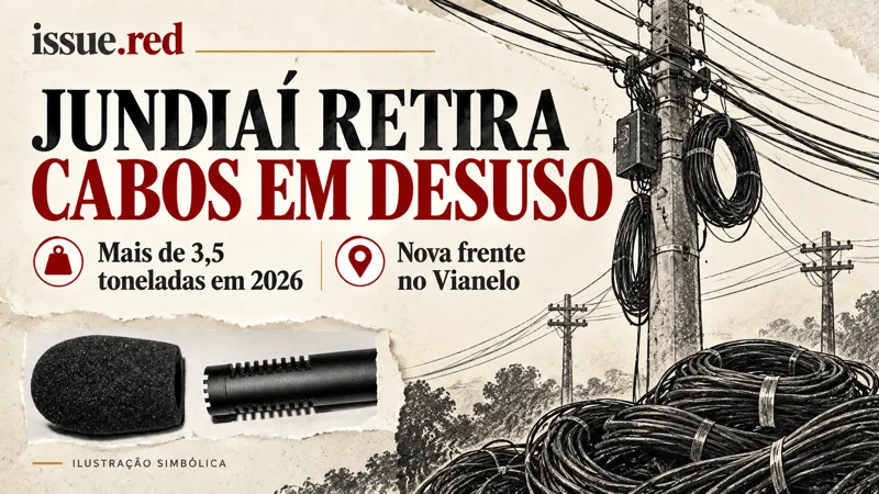 Colagem simbólica de microfone de arquivo, postes desenhados e rolos de cabos