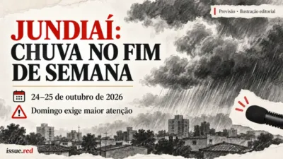 Ilustração simbólica de nuvens de chuva, telhados urbanos e calendário, com pequeno microfone de arquivo