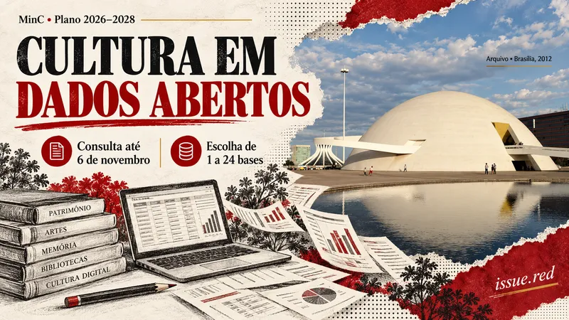 Colagem editorial com fotografia de arquivo do Museu Nacional em Brasília e desenhos ilustrativos de livros e tabelas de dados