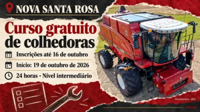 Colagem sobre curso de colhedoras com fotografia ilustrativa de equipamento de 2023