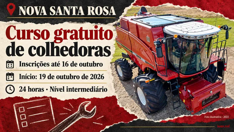 Colagem sobre curso de colhedoras com fotografia ilustrativa de equipamento de 2023