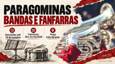Capa com instrumentos de metal em fotografia de arquivo e informações dos concursos de bandas e fanfarras de Paragominas.