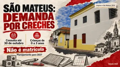 Colagem editorial com foto de arquivo de uma rua com igreja em São Mateus e desenhos ilustrativos de brinquedos e documentos