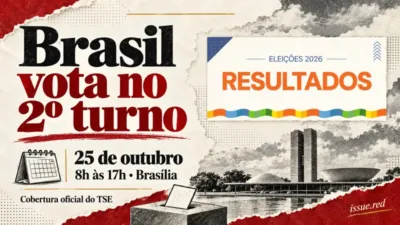 Colagem editorial com a arte informativa Eleições 2026 Resultados do TSE e os horários de votação de 25 de outubro em Brasília