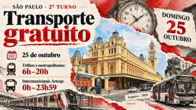 Colagem com fotografia de arquivo da Estação da Luz e desenhos de trem, ônibus e calendário para o transporte gratuito do segundo turno.