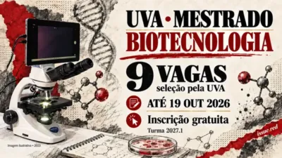 Capa com microscópio de arquivo e ilustrações de pesquisa para seleção do mestrado em Biotecnologia pela UVA.