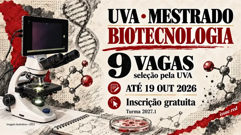 Capa com microscópio de arquivo e ilustrações de pesquisa para seleção do mestrado em Biotecnologia pela UVA.