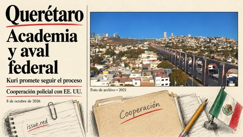 Collage en papel crema con fotografía de archivo de Querétaro de 2021 y dibujos de carpeta, cuaderno y bandera mexicana sobre la cooperación policial y el aval federal
