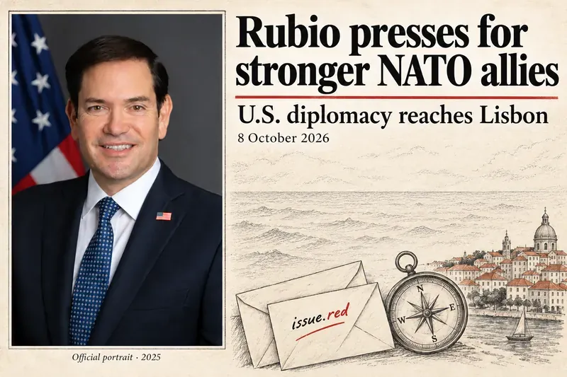 Cream paper collage with Marco Rubio’s 2025 official portrait, drawn Atlantic waves, Lisbon buildings, a compass and diplomatic envelopes