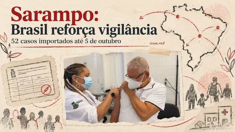 Colagem editorial em papel creme com uma fotografia de vacinação de arquivo no Rio Grande do Sul, contorno desenhado do Brasil e texto sobre os casos de sarampo; a foto é de vacinação contra COVID-19 em 2021, não de vacinação contra sarampo.