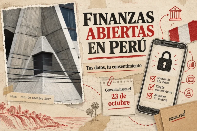 Collage de una fotografía de archivo de arquitectura bancaria en Lima con dibujos de un teléfono, un candado y la fecha 23 de octubre