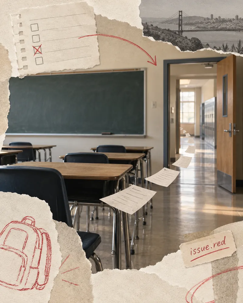 Cream-paper collage depicting a generic empty classroom, a classroom doorway and red-pencil marks; illustrative, not a photograph of an actual San Francisco school.