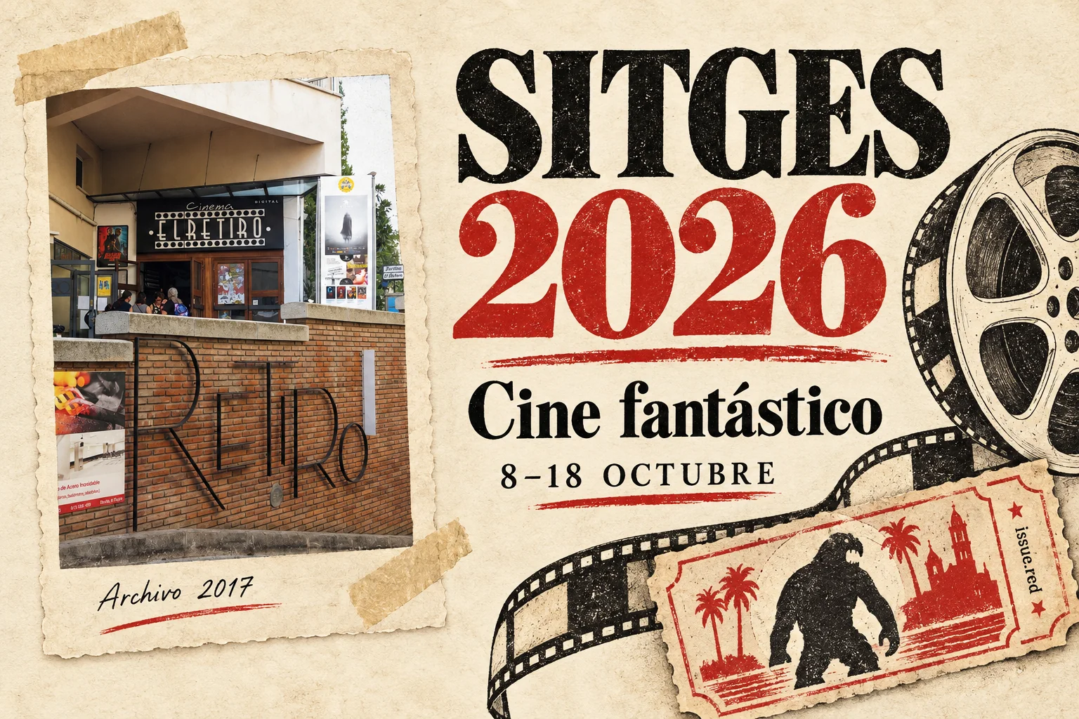 Collage de papel crema con fotografía de archivo de un cine de Sitges y dibujos de una bobina y una entrada