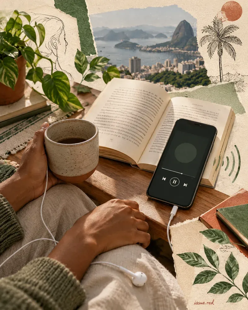 Colagem editorial em papel creme com mãos junto a um livro aberto e um celular em um ambiente com paisagem do Rio ao fundo; imagem ilustrativa, não é uma tela real do Spotify.