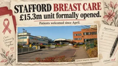 Cream paper collage with an archive photograph of Stafford hospital and a headline about the £15.3m breast care unit’s formal opening