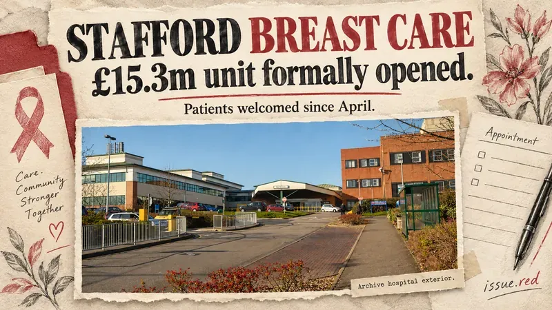 Cream paper collage with an archive photograph of Stafford hospital and a headline about the £15.3m breast care unit’s formal opening