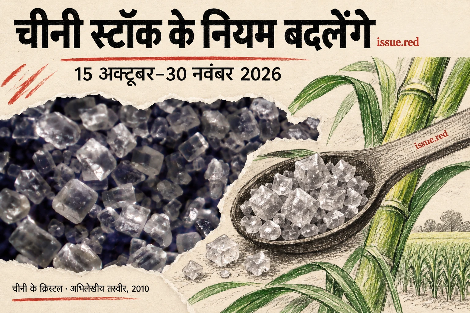 क्रीम कागज पर चीनी के क्रिस्टल की अभिलेखीय तस्वीर और गन्ने-चम्मच का कोलाज
