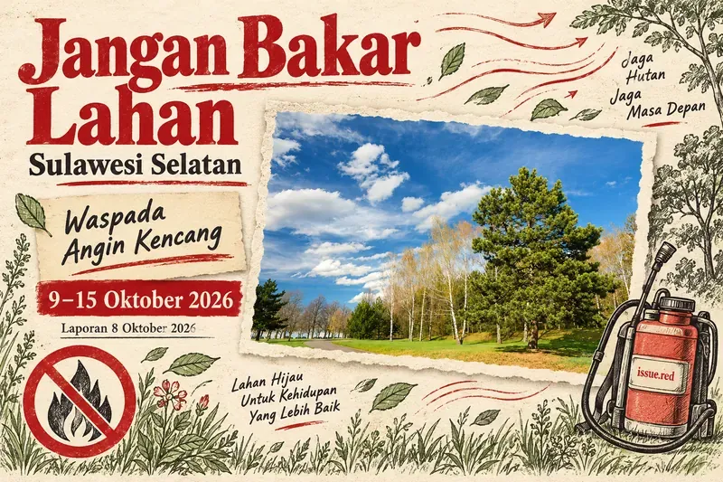 Kolase kertas krem dengan foto arsip pepohonan, gambar angin dan simbol larangan membakar, serta prakiraan 9–15 Oktober 2026