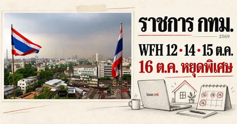 คอลลาจกระดาษครีม ใช้ภาพกรุงเทพฯ ปี2552 กับลายวาดบ้านและคอมพิวเตอร์ ระบุราชการ กทม. WFH 12 14 15 ต.ค. และหยุดพิเศษ16 ต.ค.2569