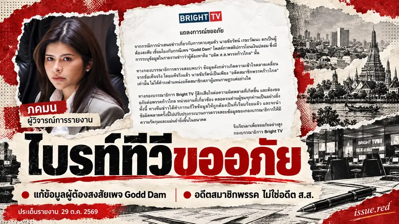 ปกคอลลาจเอกสารคำขออภัยของไบรท์ทีวีและภาพภคมนซึ่งระบุว่าเป็นผู้วิจารณ์