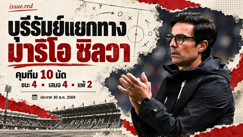 ปกคอลลาจข่าวบุรีรัมย์แยกทางมาริโอ ซิลวา ผสมภาพบุคคลจากงานกราฟิกอำลาสโมสร