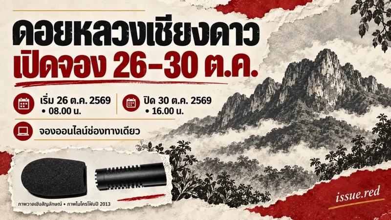 ภาพคอลลาจข่าวเปิดจองดอยหลวงเชียงดาว มีปฏิทินและภูเขาวาดเชิงสัญลักษณ์ร่วมกับภาพไมโครโฟนเก่า