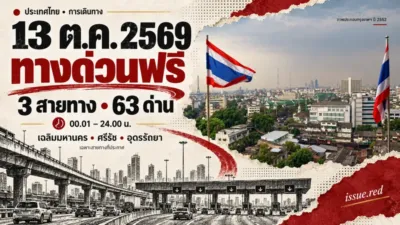 คอลลาจกระดาษครีมหมึกดำถ่านและแดง ระบุ13ตุลาคม2569 ทางด่วนฟรี3สายทาง63ด่าน เวลา00.01ถึง24.00น.