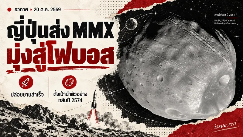 ภาพคอลลาจภารกิจ MMX ผสมภาพถ่ายโฟบอสปี2551กับภาพวาดจรวดและอวกาศ