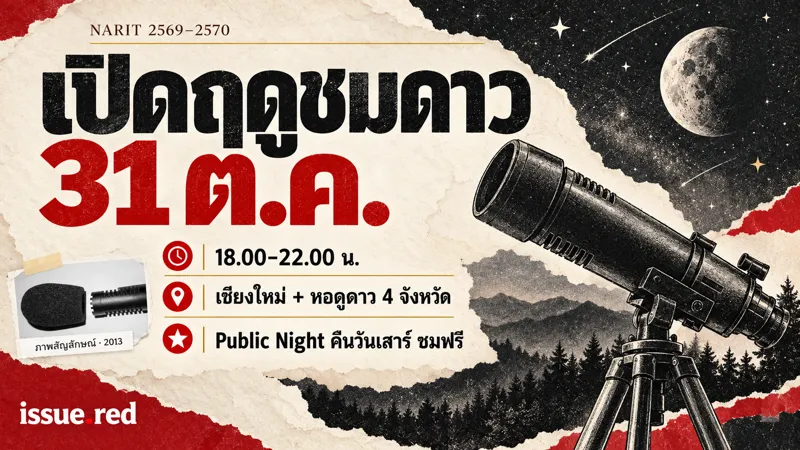 คอลลาจภาพไมโครโฟนเก่าและภาพวาดกล้องโทรทรรศน์ประกอบข่าวประกาศเทศกาลชมดาว ไม่ใช่ภาพกิจกรรมจริง