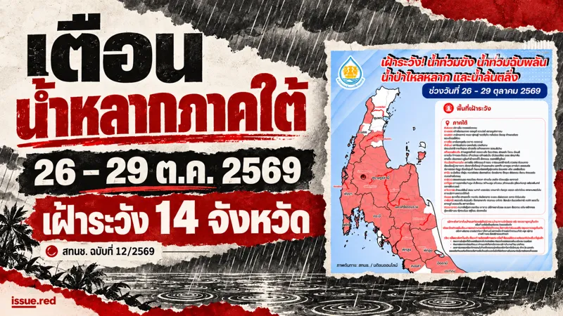 ภาพคอลลาจข่าวพร้อมภาพแผนที่คำเตือนที่แนบจากมติชน ระบุเฝ้าระวัง14จังหวัดใต้26–29ตุลาคม2569 ไม่ใช่ภาพพื้นที่น้ำท่วมจริง