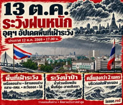 โปสเตอร์ข่าวแดงผสมเหลืองทอง ระบุ13ต.ค.ระวังฝนหนัก พื้นที่เฝ้าระวัง น้ำป่าและคลื่นสูงกว่า2เมตรเฉพาะบริเวณฝนฟ้าคะนอง