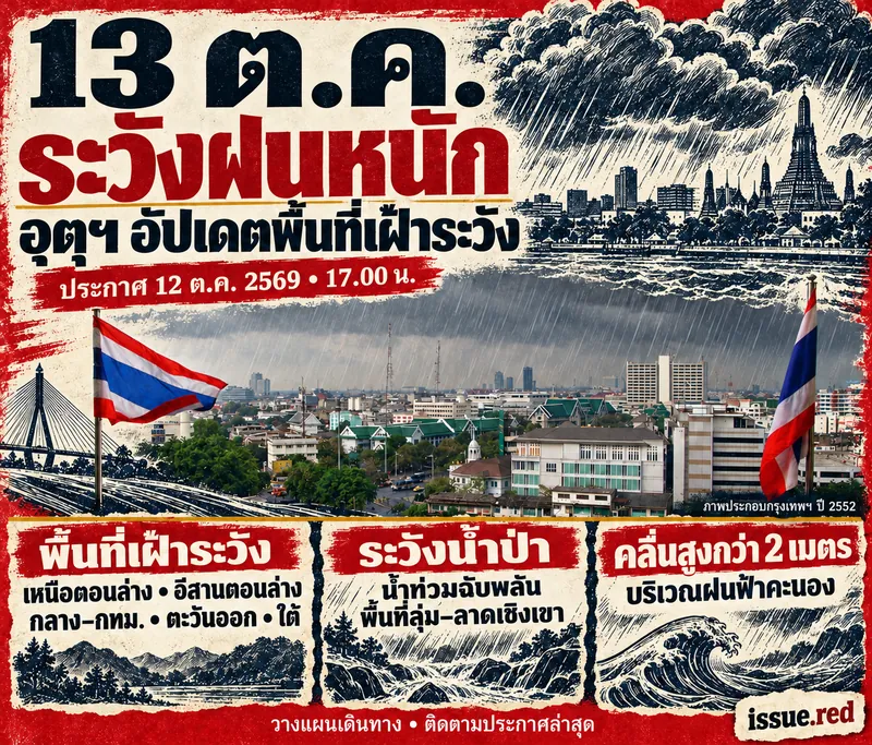 โปสเตอร์ข่าวแดงผสมเหลืองทอง ระบุ13ต.ค.ระวังฝนหนัก พื้นที่เฝ้าระวัง น้ำป่าและคลื่นสูงกว่า2เมตรเฉพาะบริเวณฝนฟ้าคะนอง