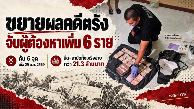 ปกคอลลาจผสมภาพเจ้าหน้าที่ตรวจเงินสด ระบุจำนวนผู้ต้องหาและยอดทรัพย์ทั้งเครือข่ายแยกกัน