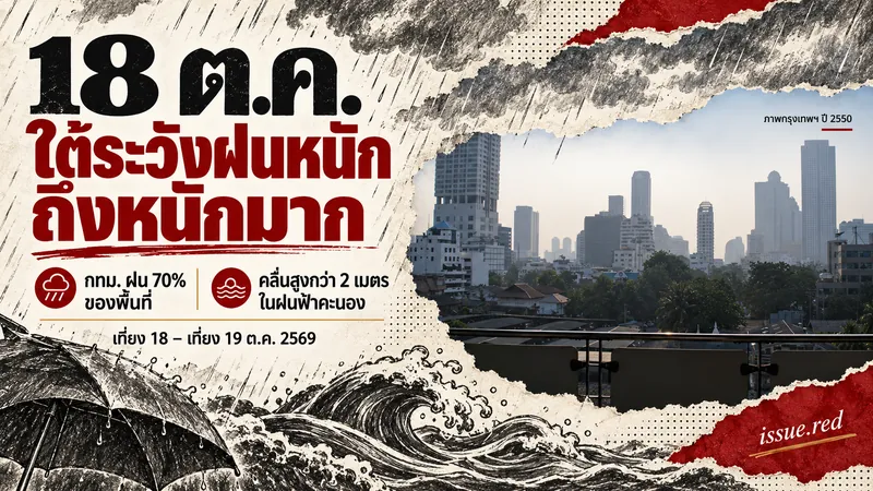 ปกพยากรณ์18ตุลาคม ใต้ฝนหนักถึงหนักมาก กทม.ฝน70%ของพื้นที่ พร้อมภาพกรุงเทพฯปี2550และลายเส้นฝน