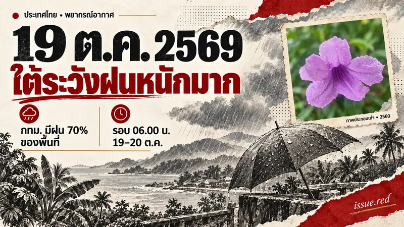 คอลลาจพยากรณ์อากาศ19ตุลาคม ภาคใต้ฝนหนักมากและกทม.ฝน70%ของพื้นที่ พร้อมภาพหยดฝนบนดอกไม้เก่าปี2560