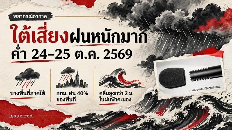 คอลลาจภาพไมโครโฟนเก่าและภาพวาดถ่านเมฆฝนกับคลื่น แสดงช่วงพยากรณ์24ถึง25ตุลาคม2569
