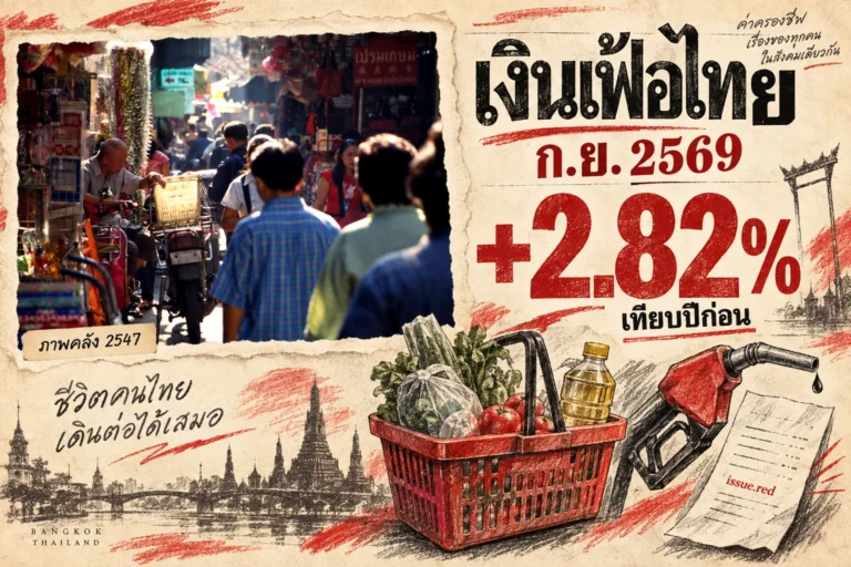 คอลลาจกระดาษครีมผสมภาพคลังตลาดกรุงเทพฯ กับลายวาดตะกร้าและใบเสร็จ