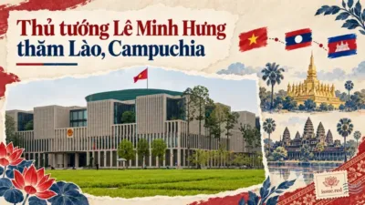 Ảnh ghép tòa nhà Quốc hội Việt Nam, cờ Việt Nam, Lào và Campuchia cùng hình vẽ gợi hai điểm đến; minh họa chuyến thăm của Thủ tướng Lê Minh Hưng.