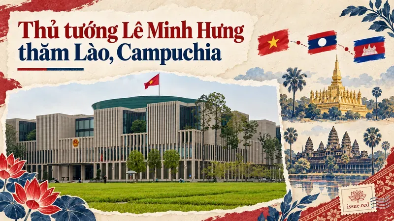 Ảnh ghép tòa nhà Quốc hội Việt Nam, cờ Việt Nam, Lào và Campuchia cùng hình vẽ gợi hai điểm đến; minh họa chuyến thăm của Thủ tướng Lê Minh Hưng.