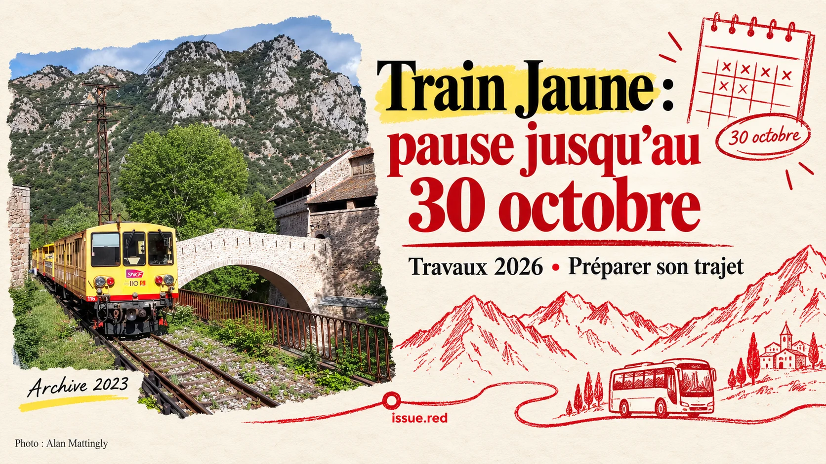 Collage du Train Jaune avec calendrier et dessins de transport sur papier crème