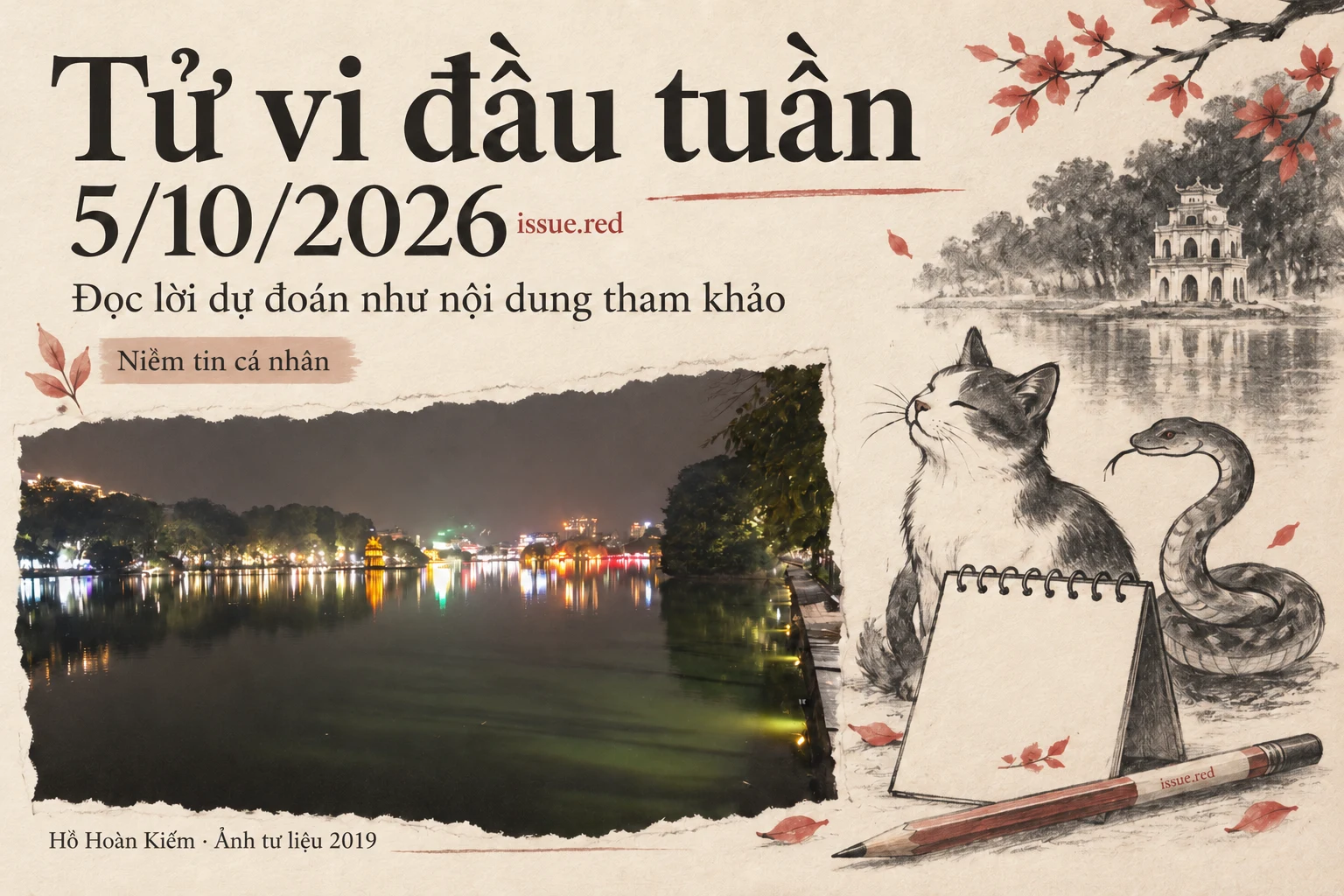 Collage giấy màu kem với ảnh tư liệu Hồ Hoàn Kiếm và hình vẽ mèo, rắn, lịch, bút chì