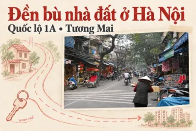Ảnh tư liệu một con phố Hà Nội trong bố cục giấy màu kem, đi cùng nét vẽ sơ đồ đường và chìa khóa nhà; minh họa bài viết về bồi thường và tái định cư tại Tương Mai