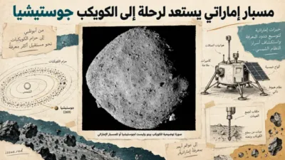 كولاج علمي على ورق كريمي يحيط بصورة حقيقية للكويكب بينو ورسم تخطيطي توضيحي لمسبار هبوط؛ الصورة ليست للكويكب جوستيشيا ولا للمسبار الإماراتي.